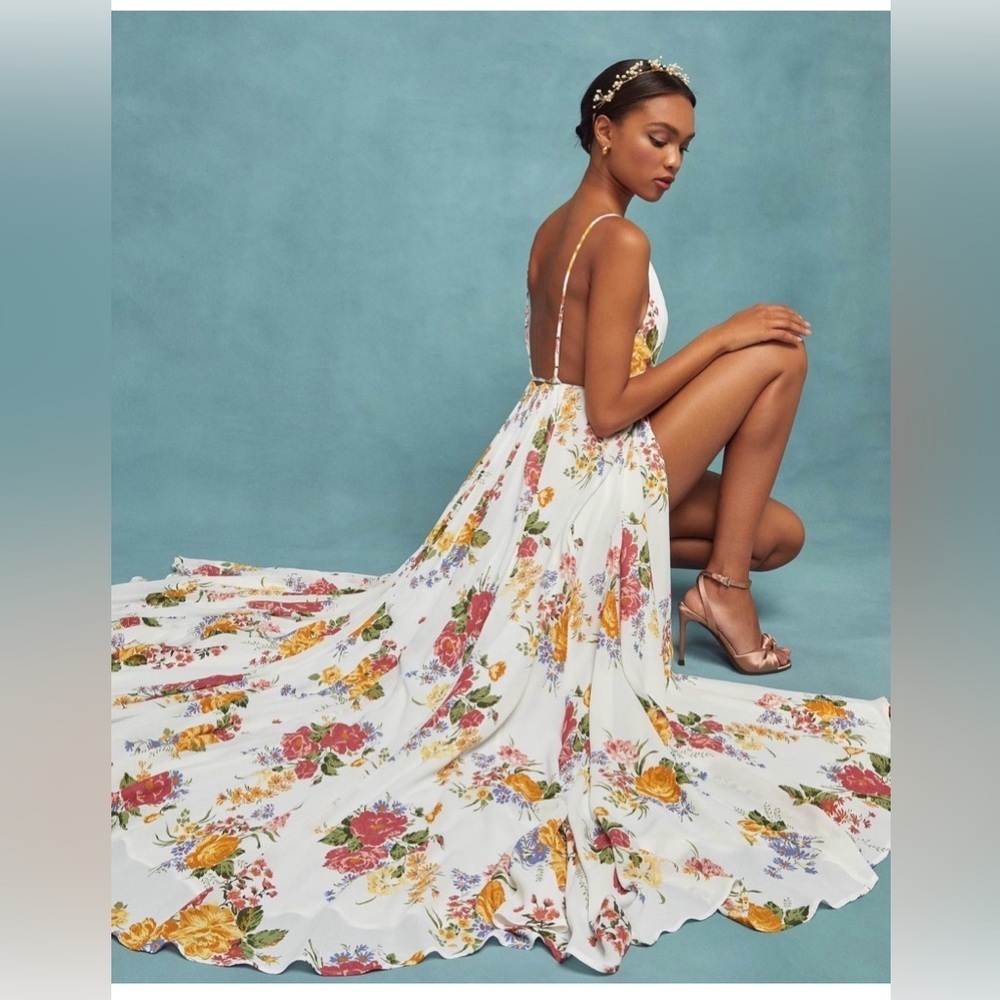 Reformation White Floral Maxi Dress with Pink & Yellow Blooms